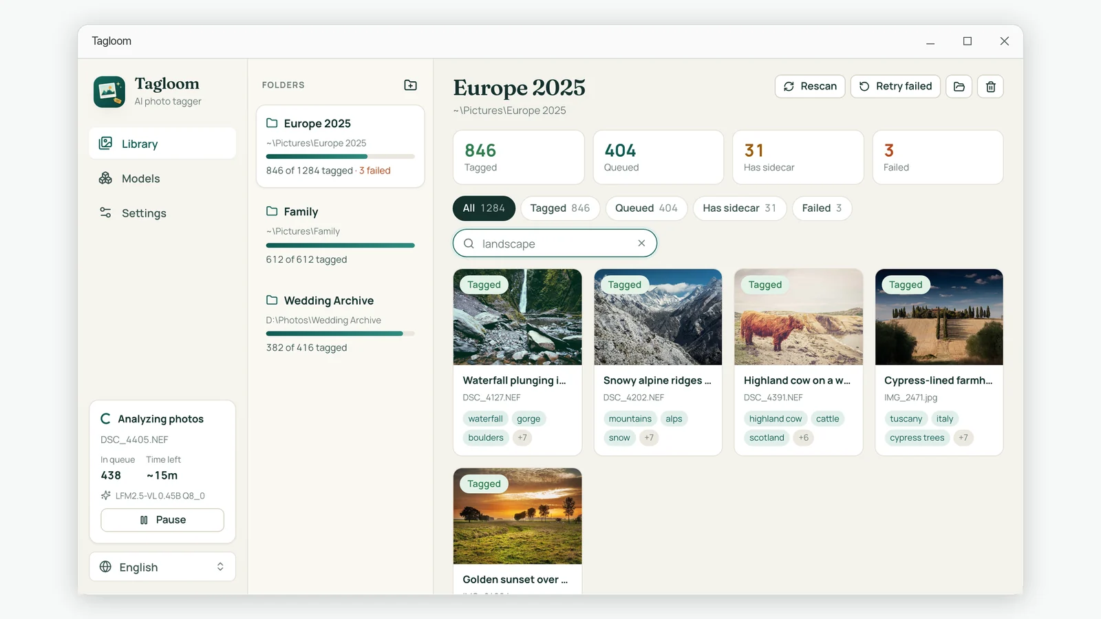Photo grid filtered by the keyword landscape, showing waterfall, mountain and countryside photos