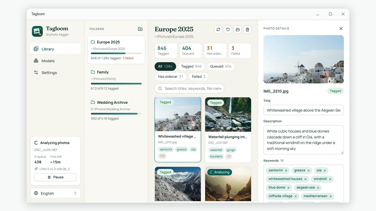 Tagloom library showing a Santorini photo with its AI-written title, description and fifteen keywords